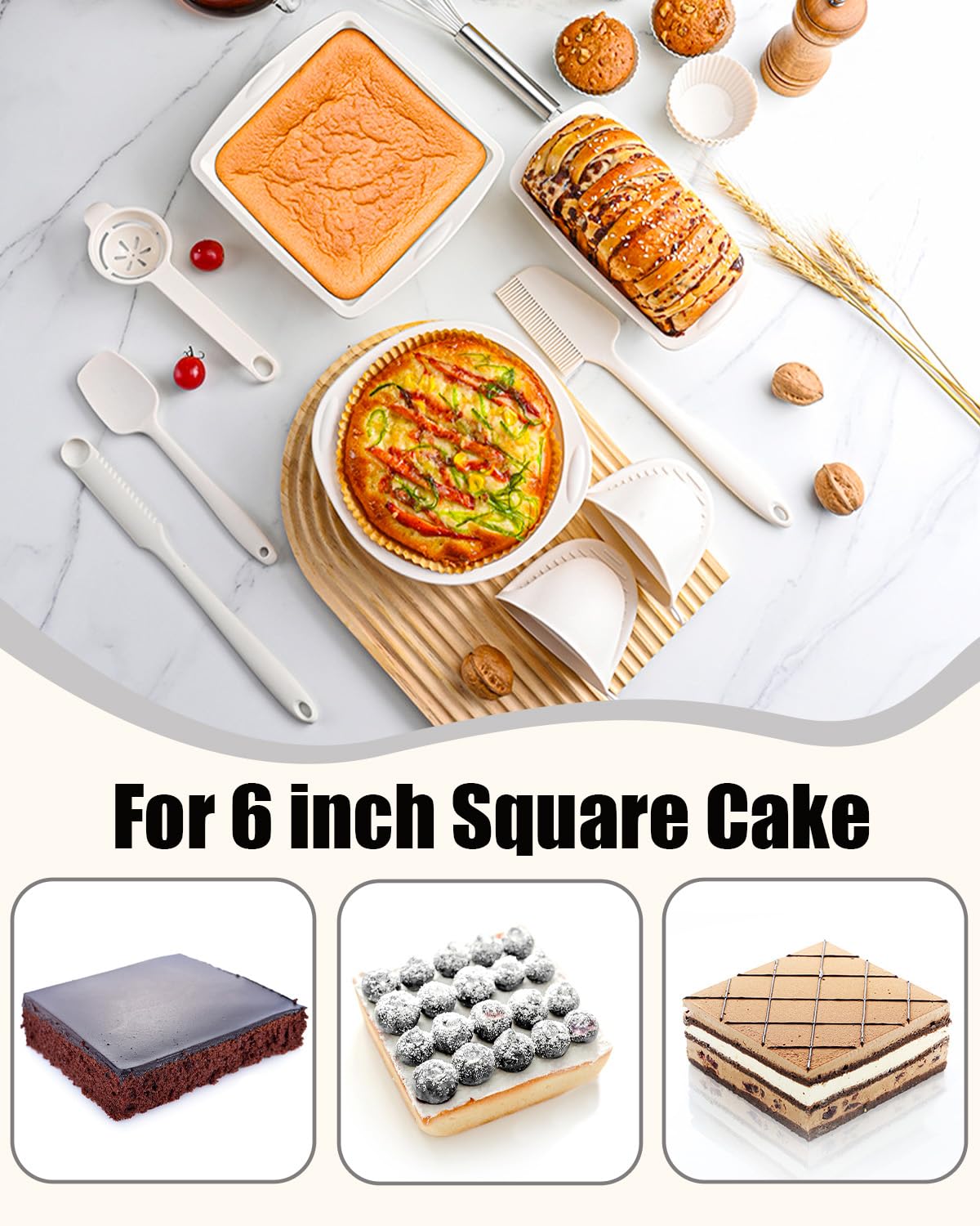 LGQUK 6-inch white square pan with easy-release silicone surface.