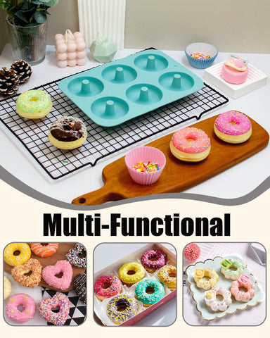 LGQUK donut pan sits securely on a cookie sheet for stable baking.