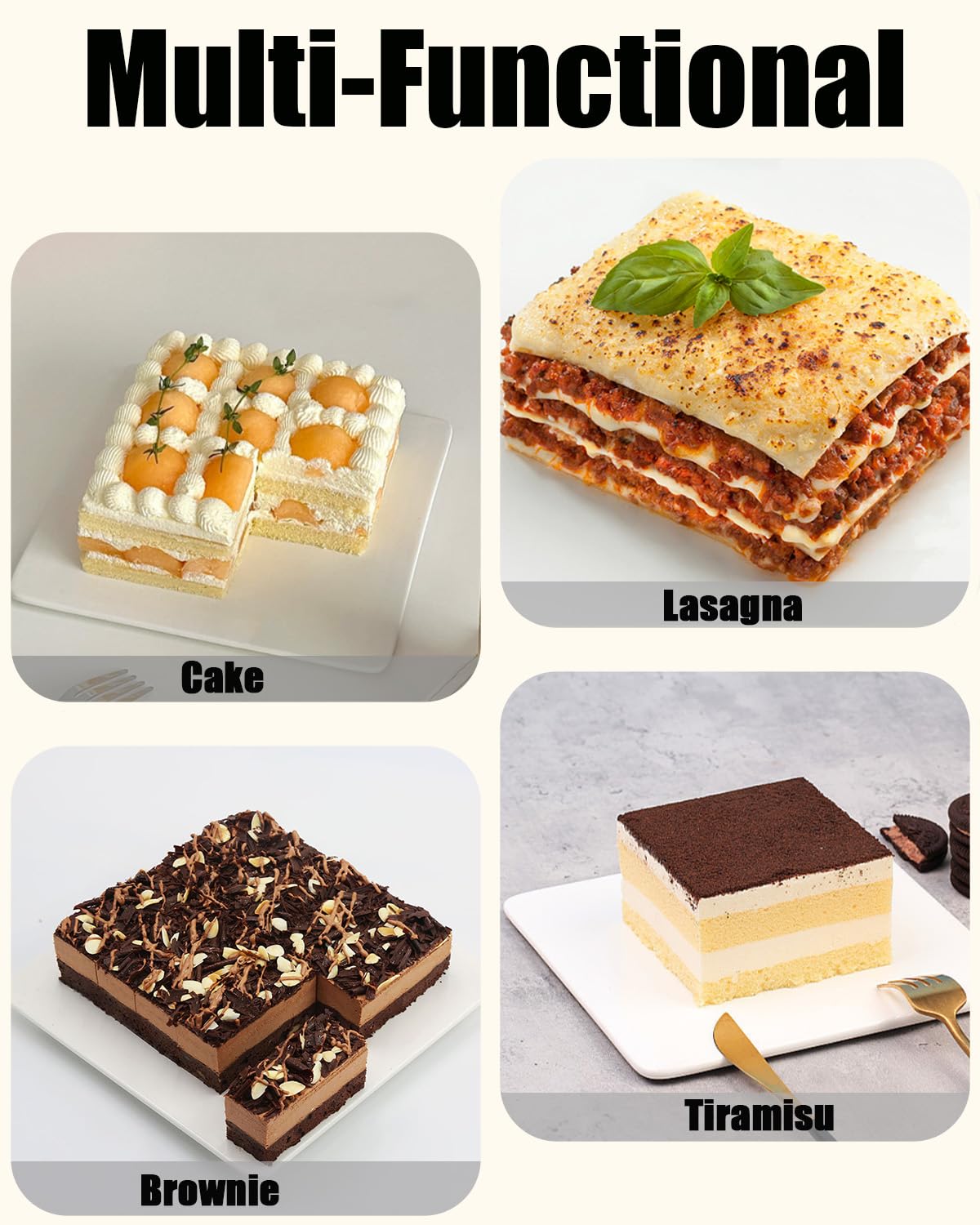 LGQUK square pans shown in oven-ready use for bake-and-serve.