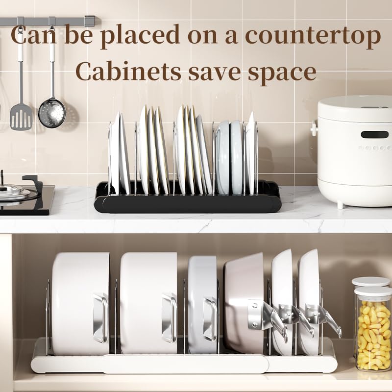 Lhieiayh all-in-one storage for baking sheets, skillets, and lids neatly arranged.