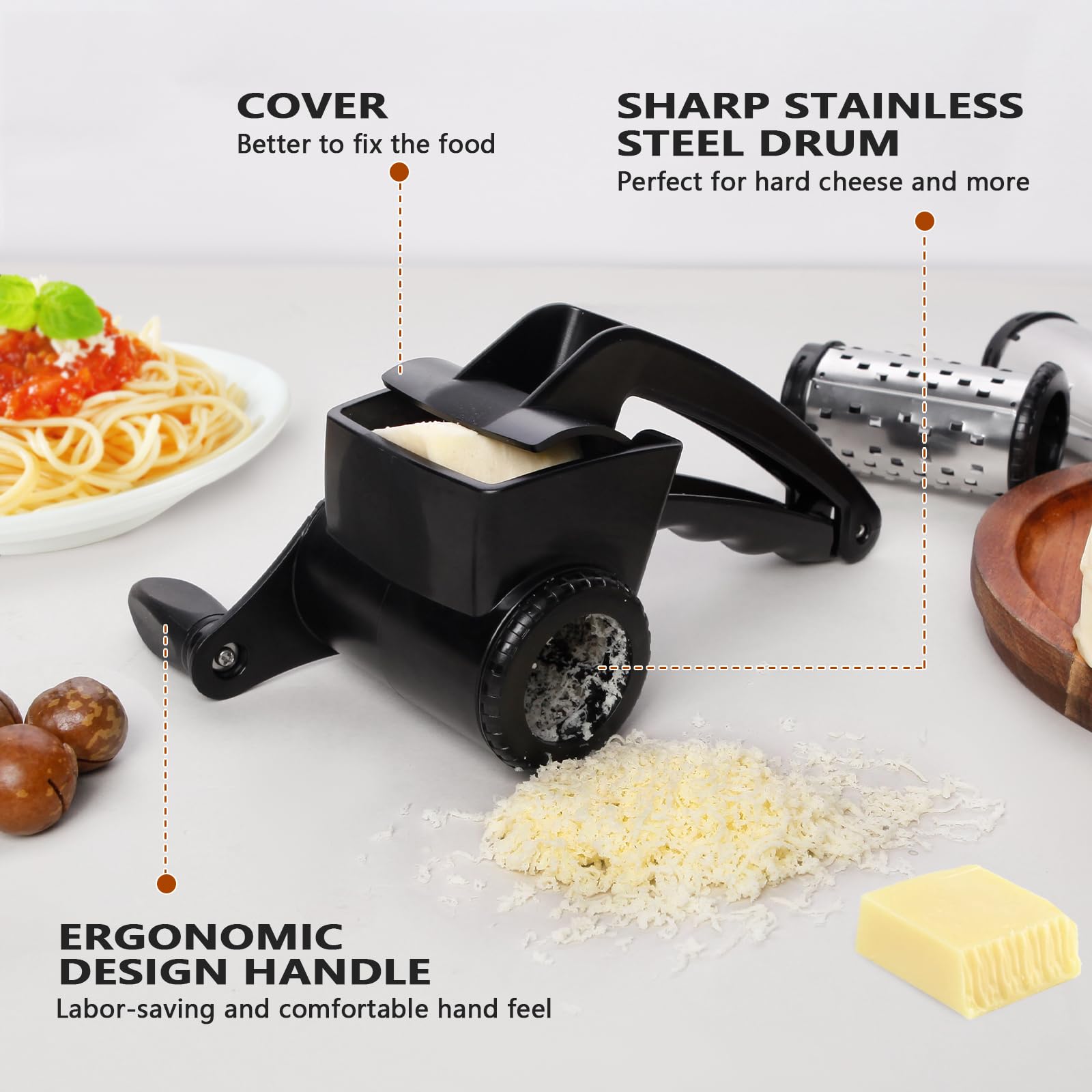 LHS Cheese Grater Hand Crank Drum Fine delivers precise fine grating for hard cheese.