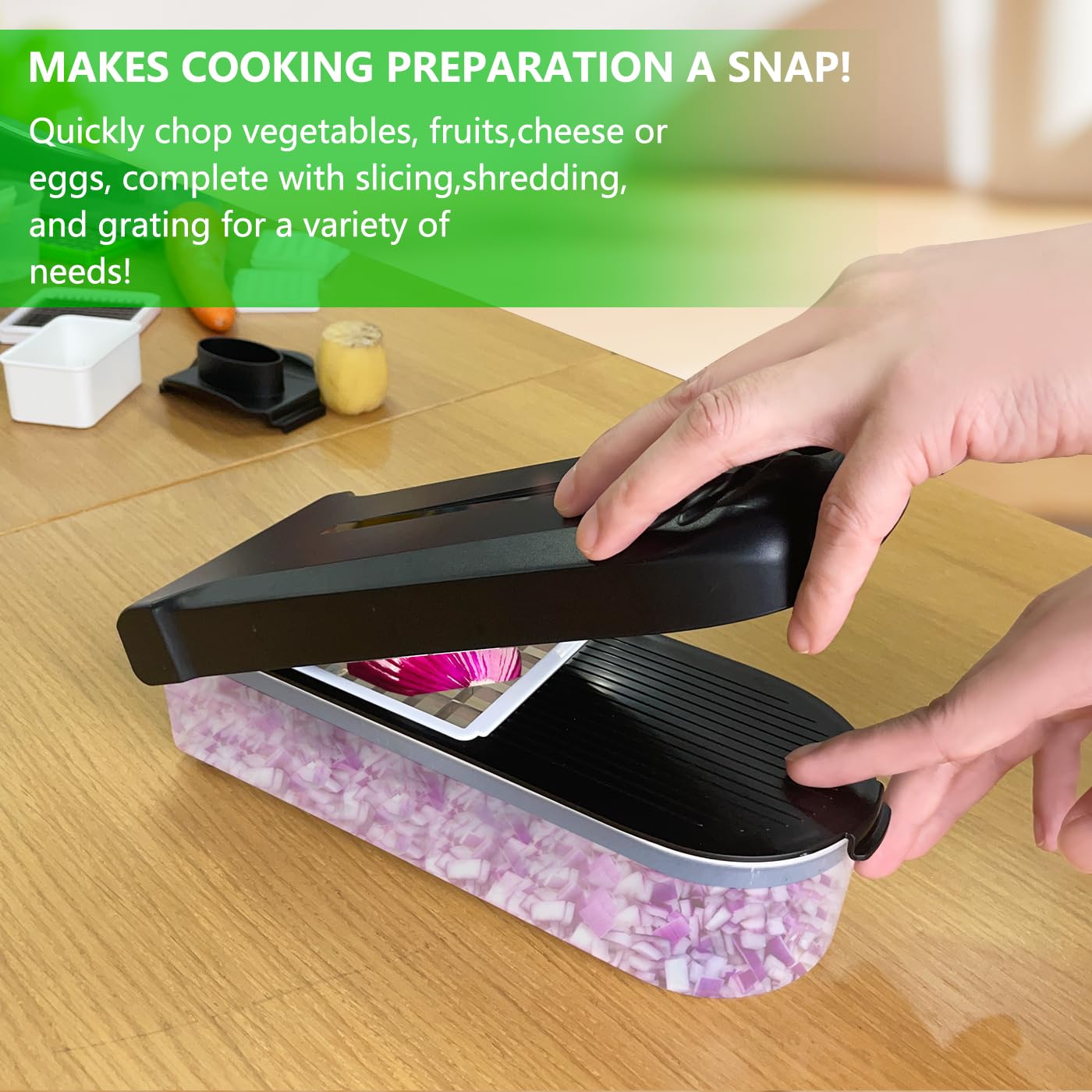 LHS chopper’s non-slip base stabilizes ingredients during prep.