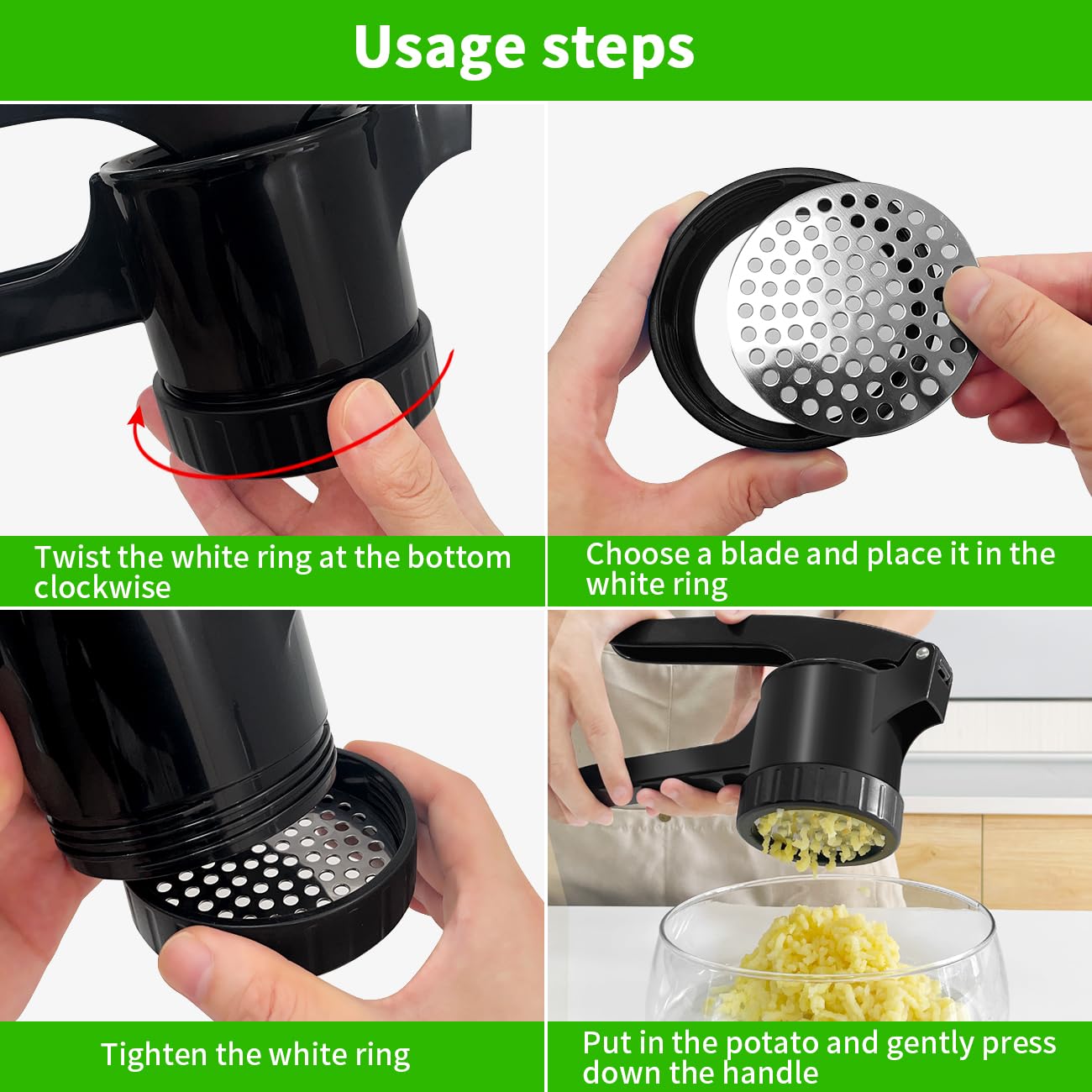 LHS Potato Ricer disassembly for easy cleaning and top-rack dishwasher blades