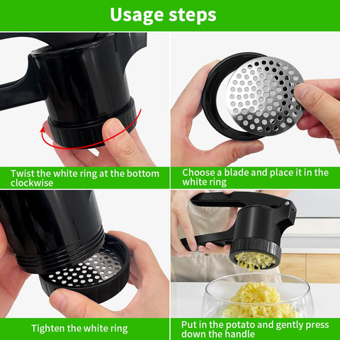 LHS Potato Ricer disassembly for easy cleaning and top-rack dishwasher blades