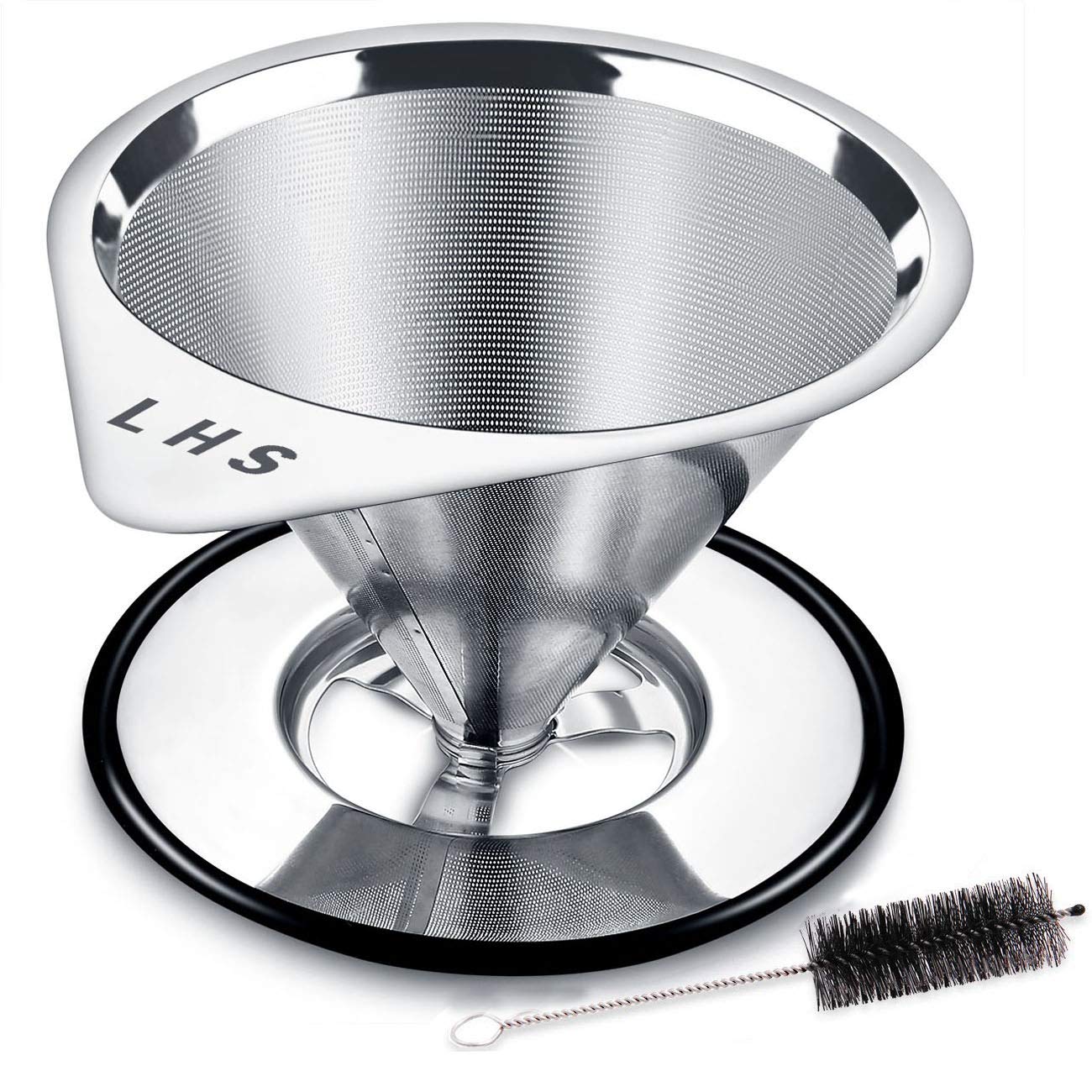 LHS stainless steel pour over dripper ready for paperless brewing over a mug