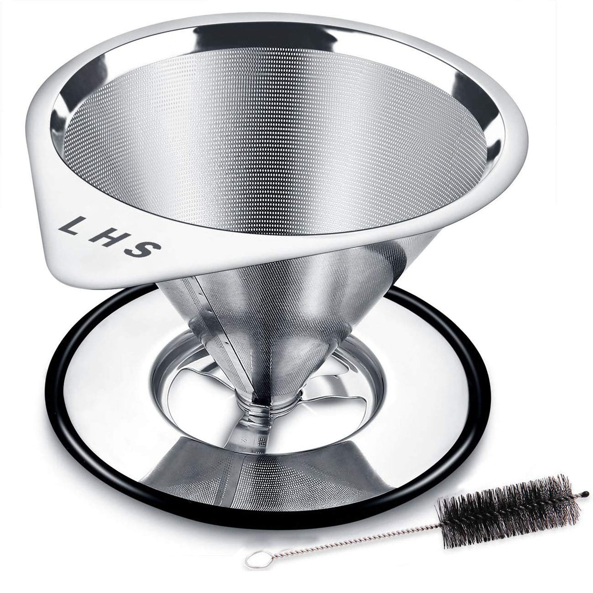 LHS stainless steel pour over dripper ready for paperless brewing over a mug