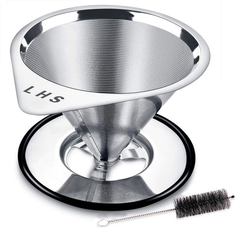 LHS stainless steel pour over dripper ready for paperless brewing over a mug