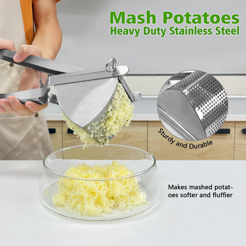 LHS stainless steel potato ricer hopper showing large capacity for whole-potato loading