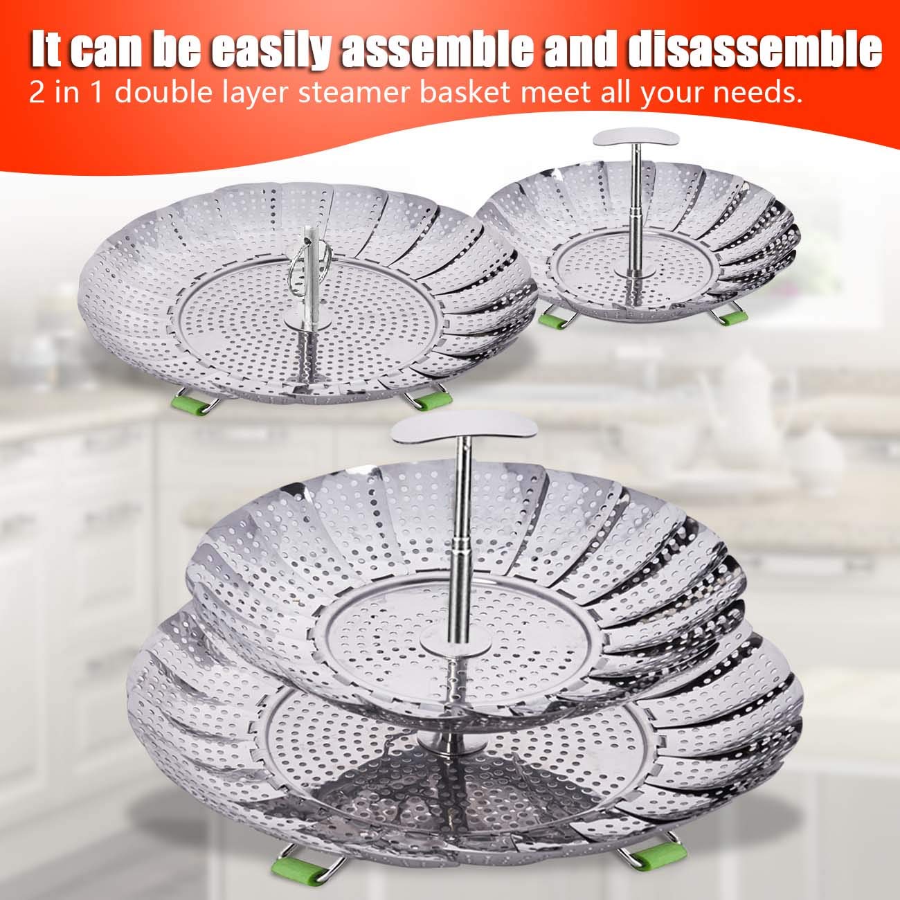LHS Steamer Basket expands to fit 7.5–11.4 inch pots.