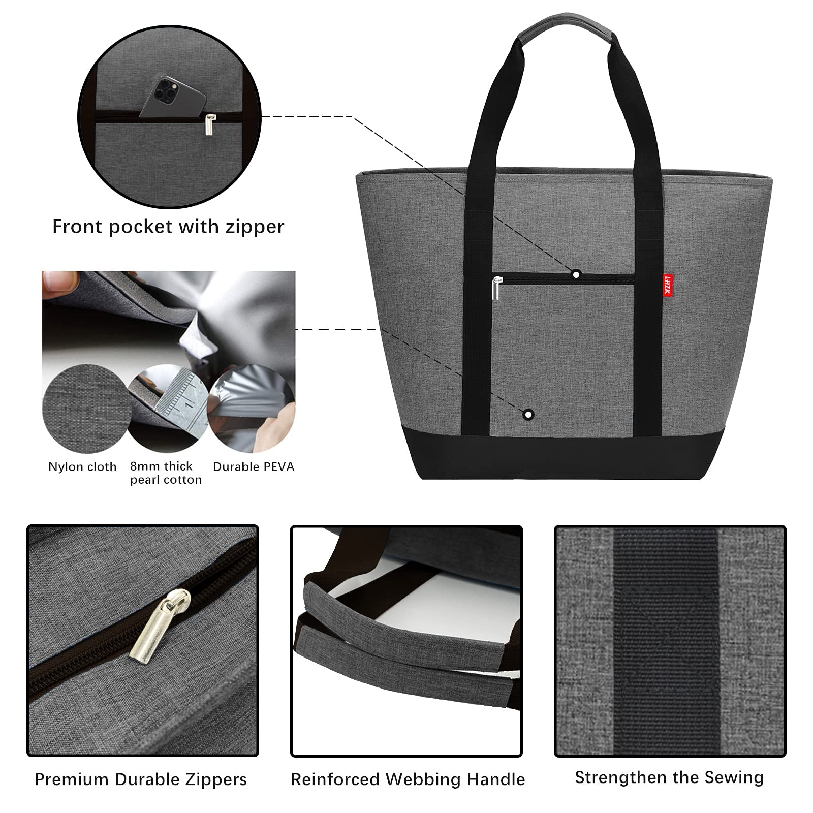 LHZK jumbo insulated cooler bag grey durable zippers ensure long-lasting use