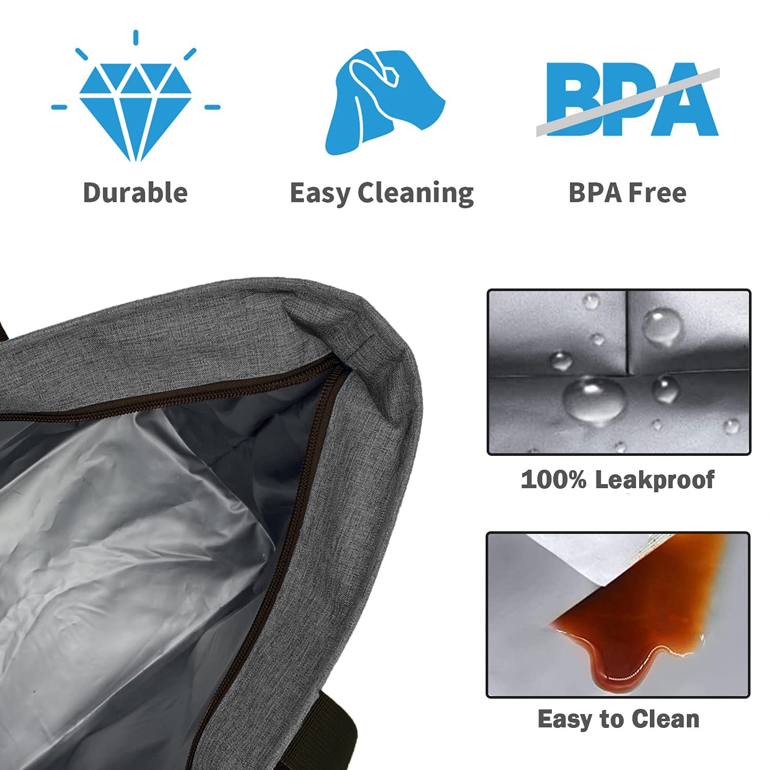 LHZK jumbo insulated cooler bag grey inside foil shows food-grade lining for freshness