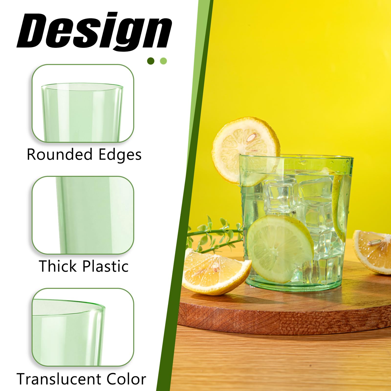Liacere green plastic cups, dishwasher safe for easy cleanup after gatherings.