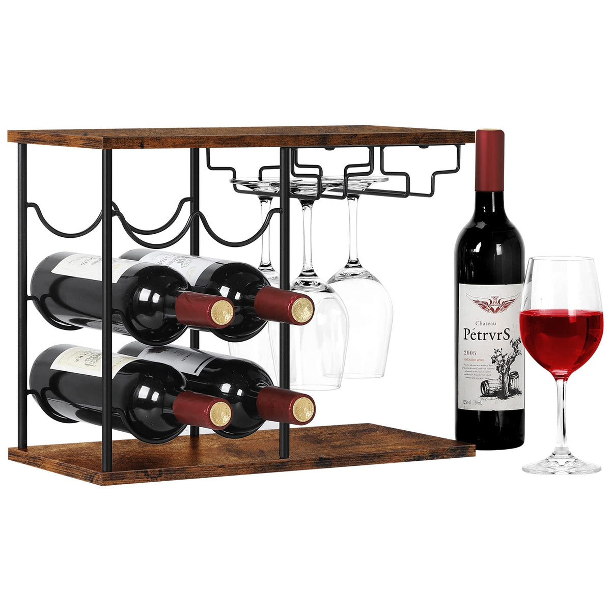LIANTRAL countertop wine rack displaying 6 bottles and 4 glasses for organized entertaining