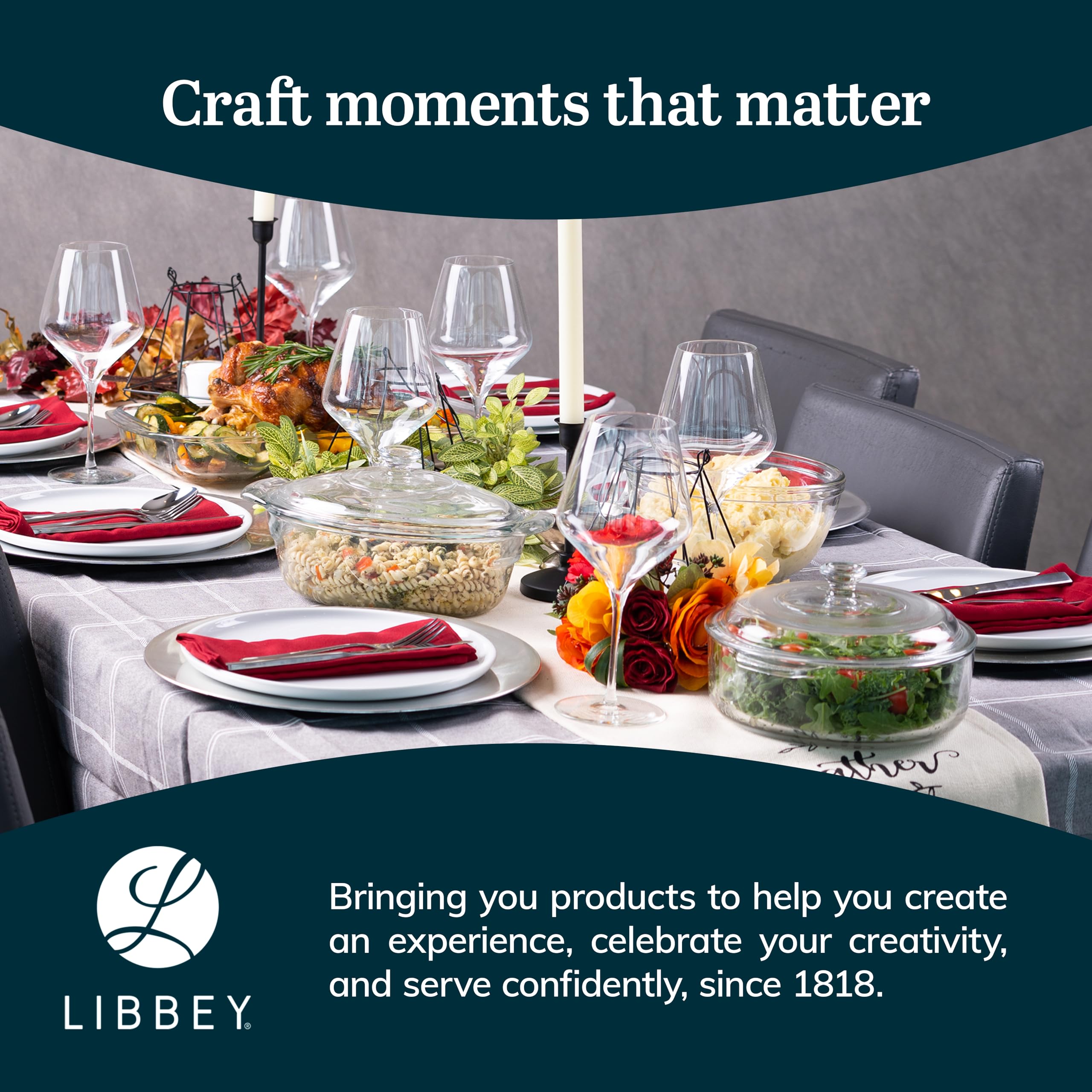 Libbey 55952 round glass bakeware with handles for easy transport.