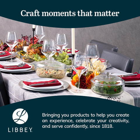 Libbey 55952 round glass bakeware with handles for easy transport.