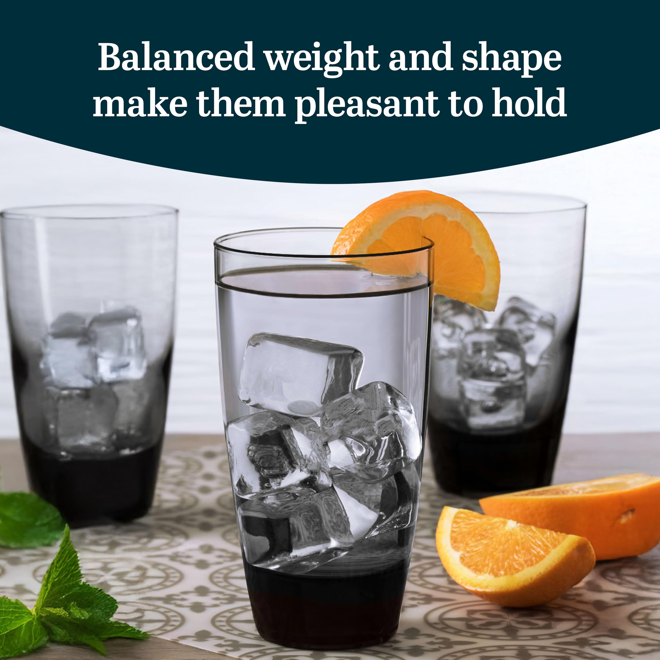 Libbey Classic Smoke Tumbler 18oz heavy base, stable for spirited drinks.