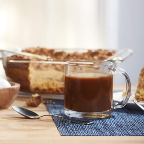 Libbey Robusta 13 oz mug close-up, crystal-clear glass with minimalist lines
