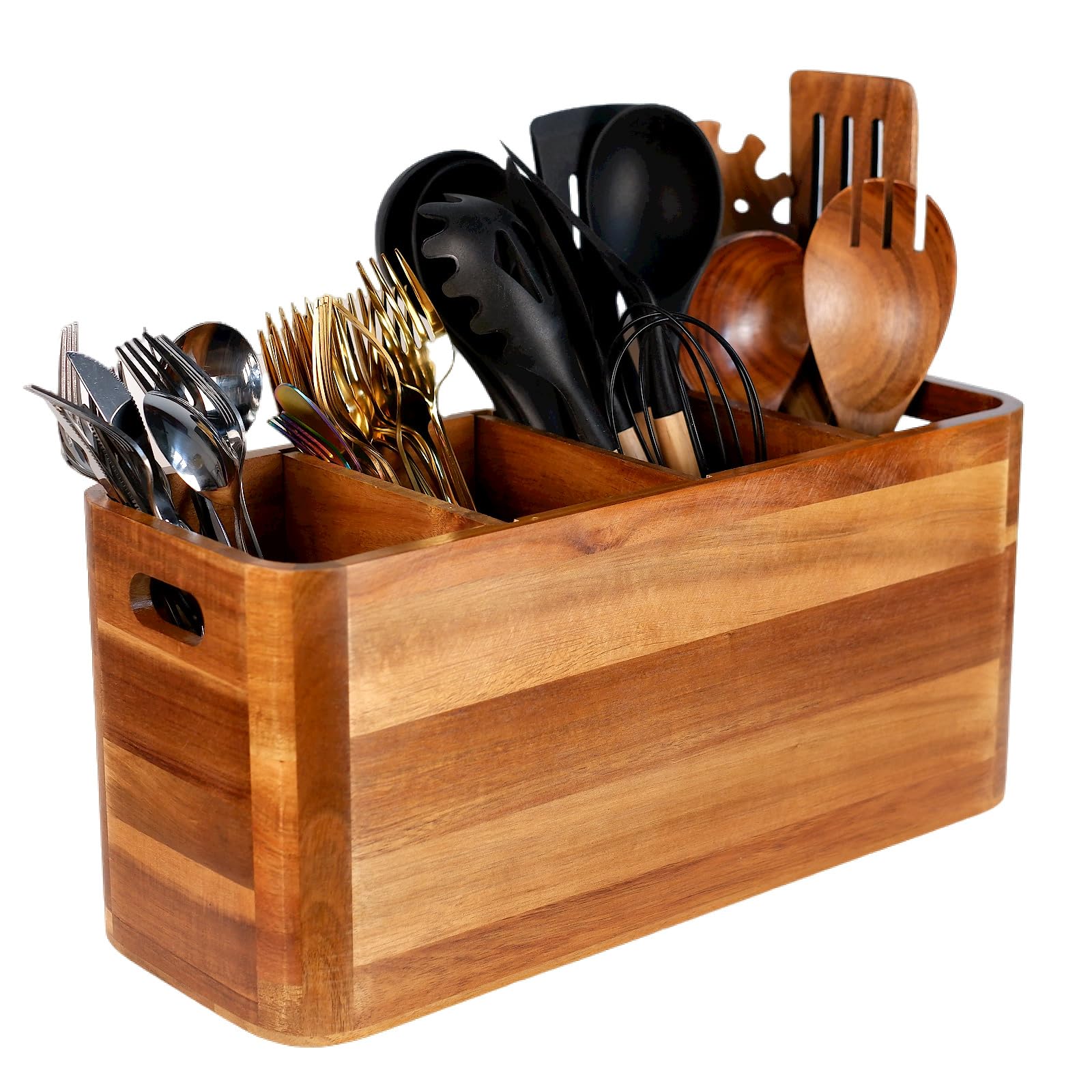 Brightdeer four-compartment wooden utensil holder keeps utensils organized on the counter.
