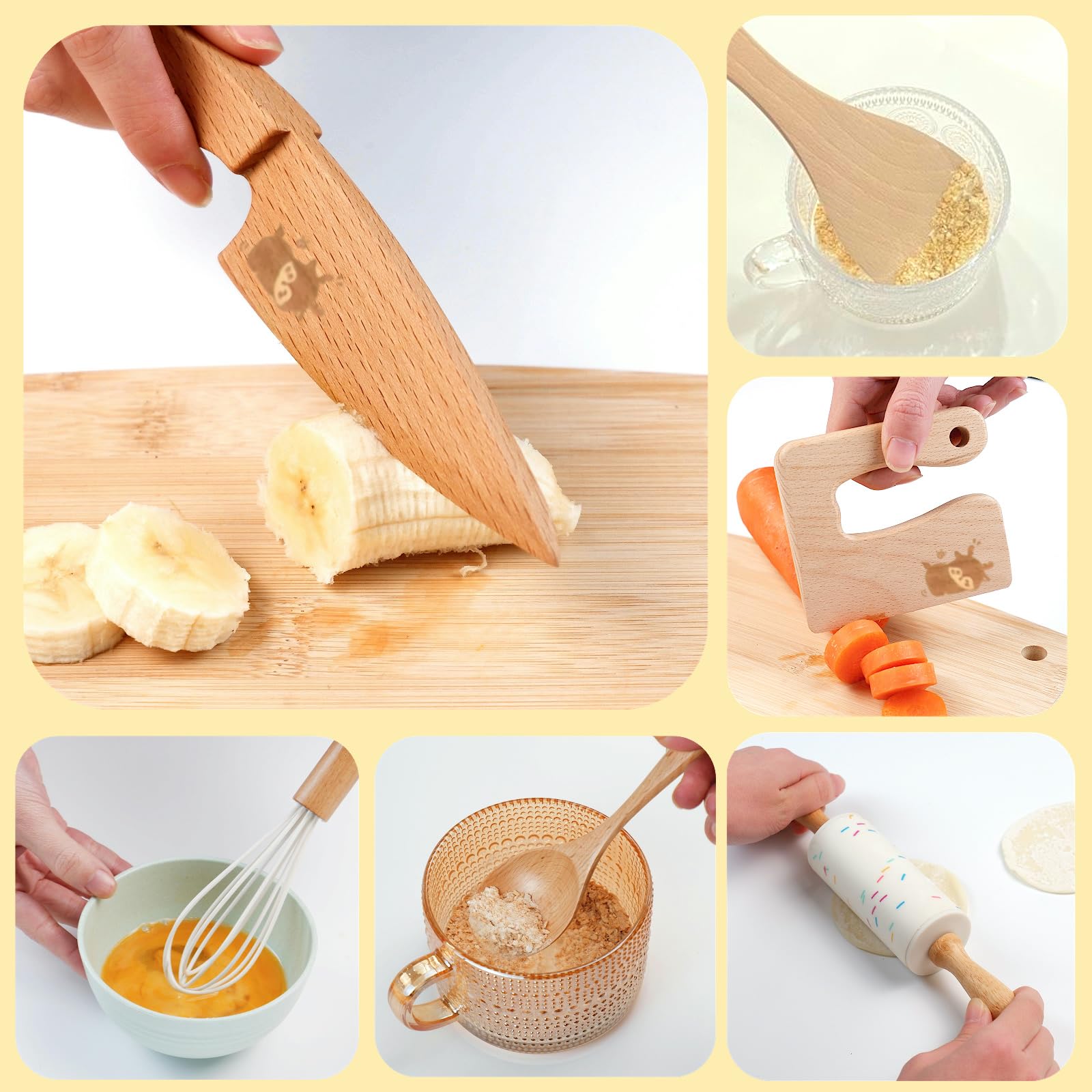 Liberal Brightdeer wooden egg whisk helps toddlers mix ingredients safely.