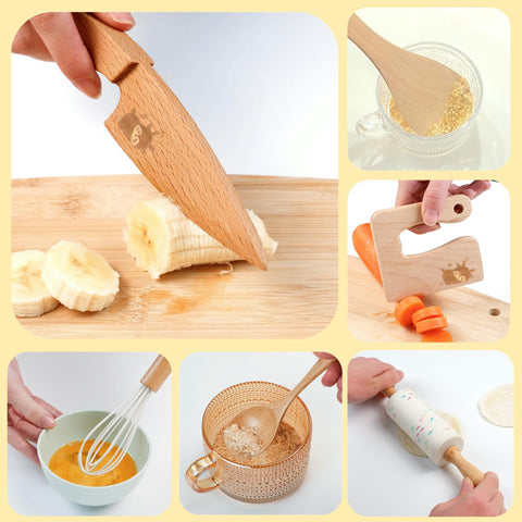 Liberal Brightdeer wooden egg whisk helps toddlers mix ingredients safely.