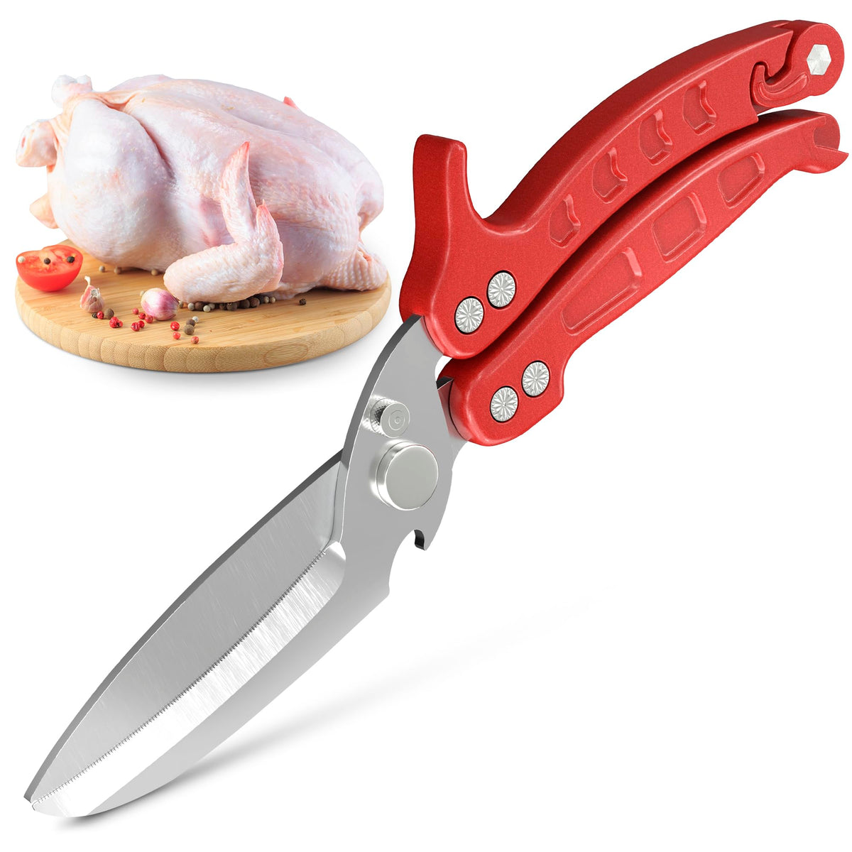 LIBERHAUS 4-in-1 kitchen shears cutting bone with precision.