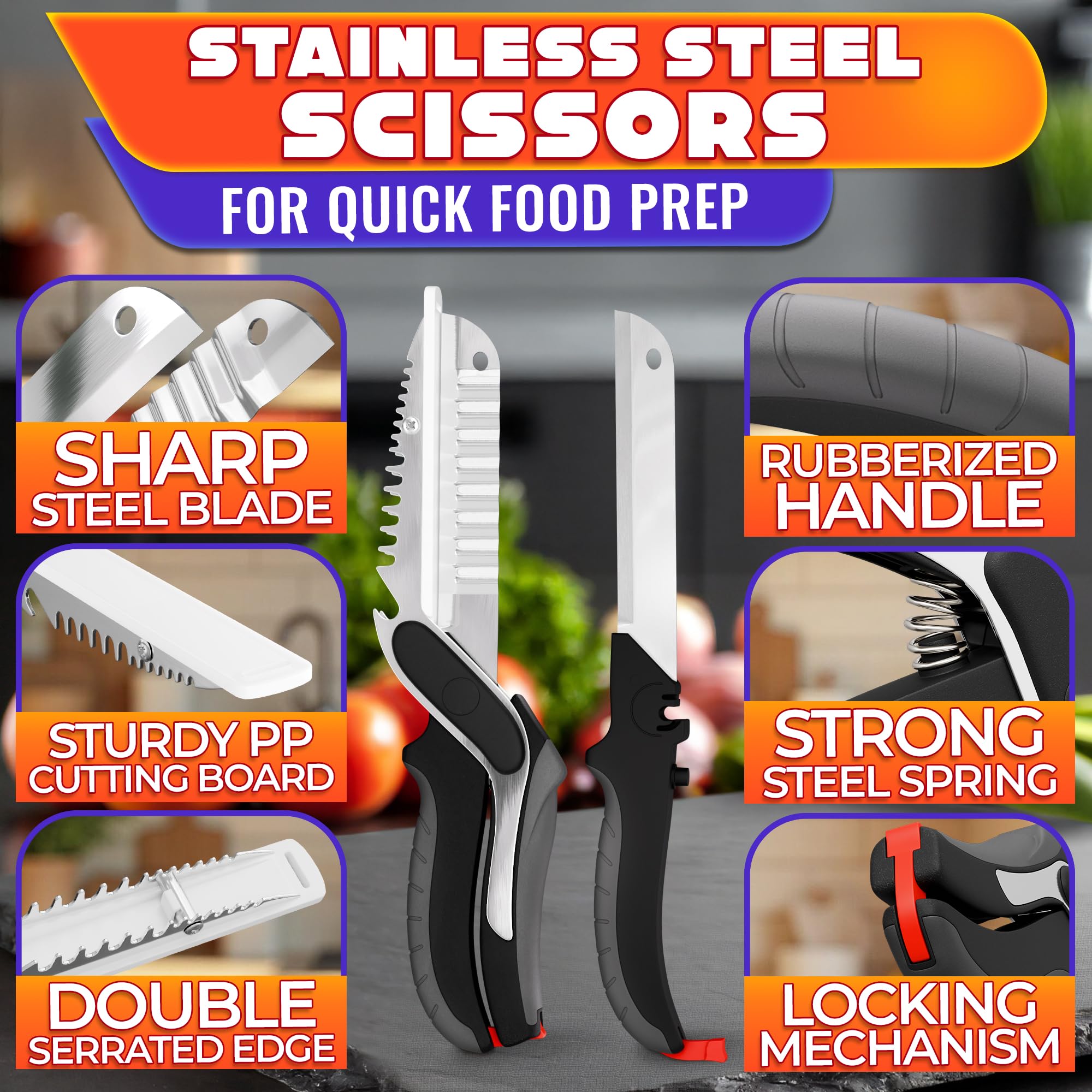 LIBERHAUS cutting board scissors safety lock engaged for safe storage and handling.