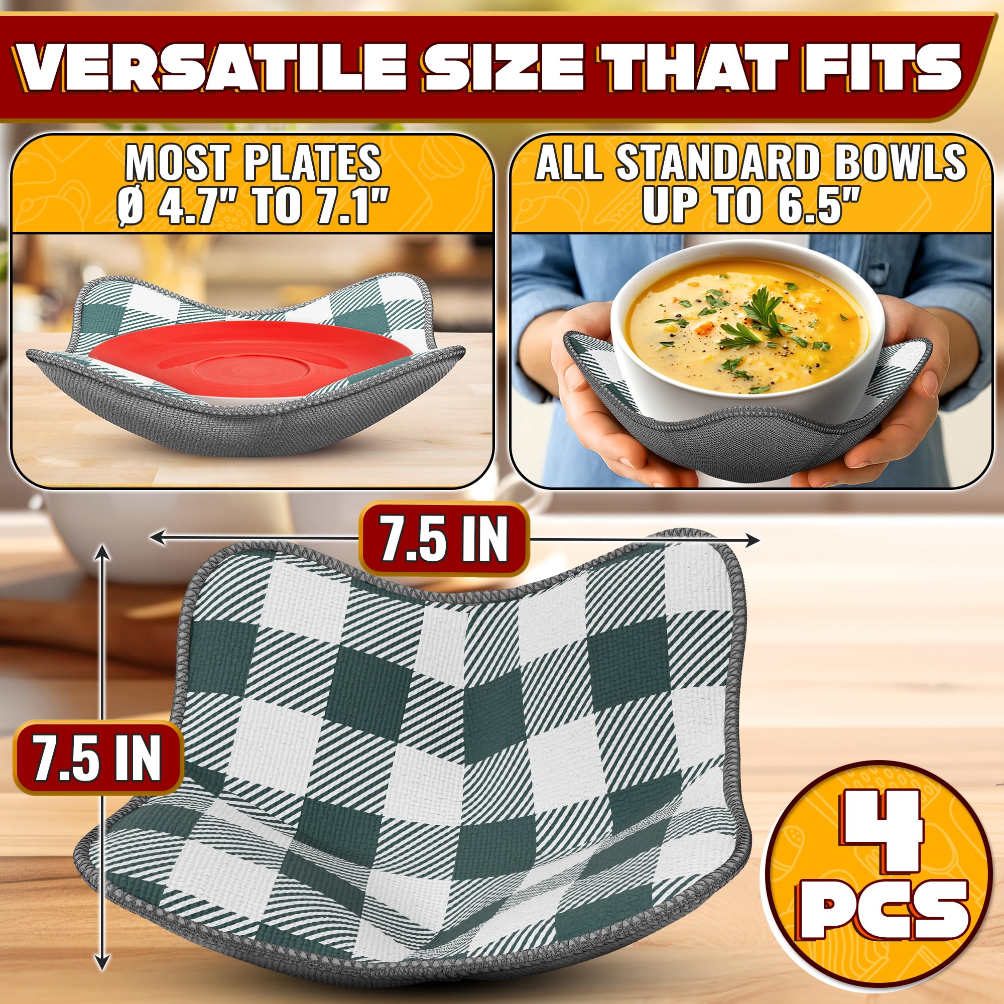 Liberhaus microwave bowl cozy gray checkered grip shows secure hold on hot bowls