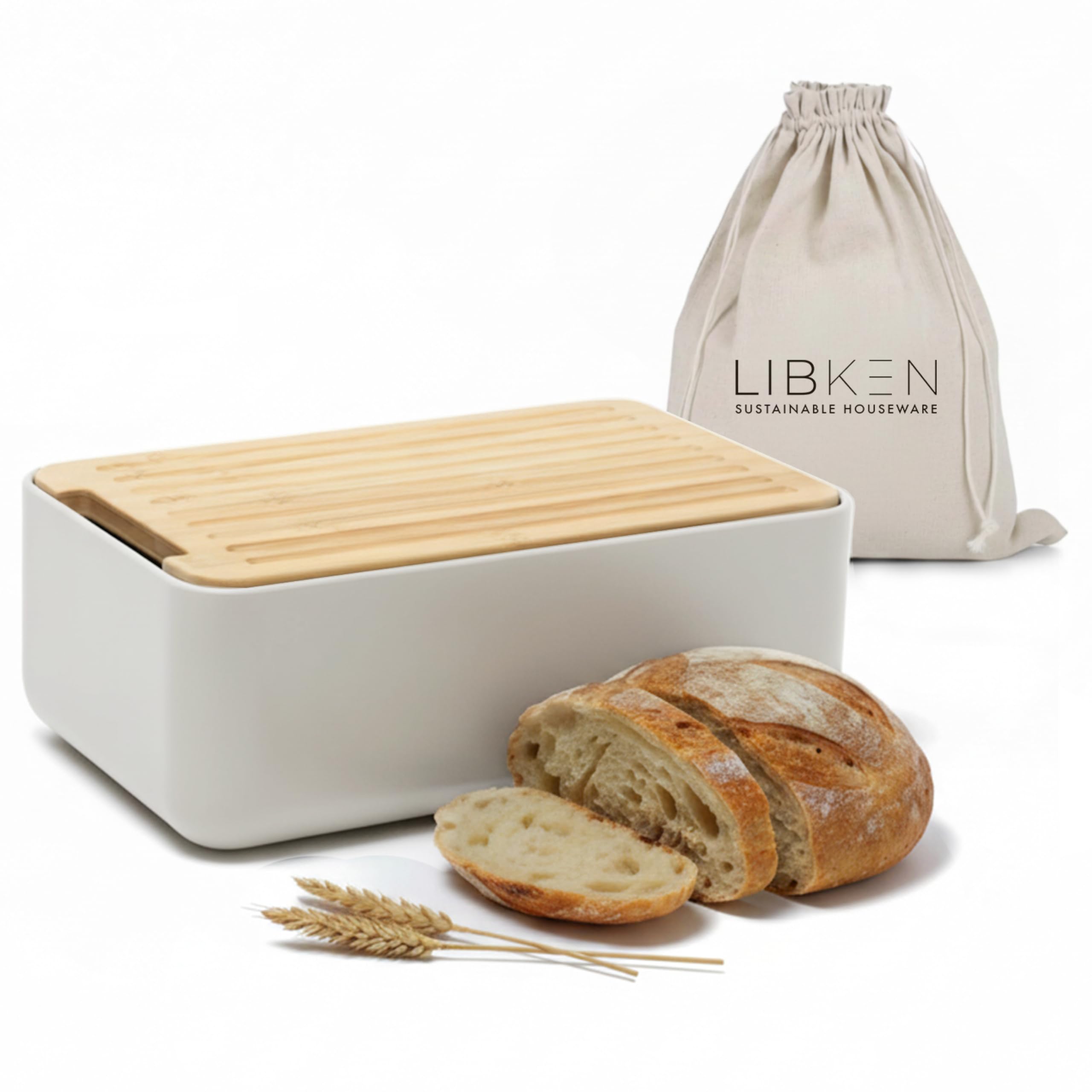 LIBKEN bread box front view in warm grey showing durable steel body