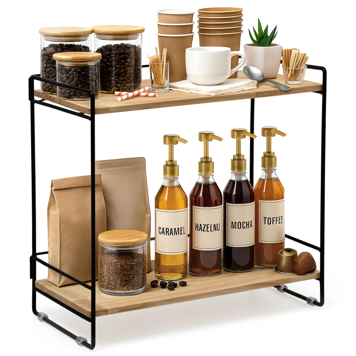 LIBKEN wooden coffee bar rack 2-tier with mugs and syrups for a tidy coffee corner