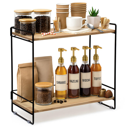 LIBKEN wooden coffee bar rack 2-tier with mugs and syrups for a tidy coffee corner