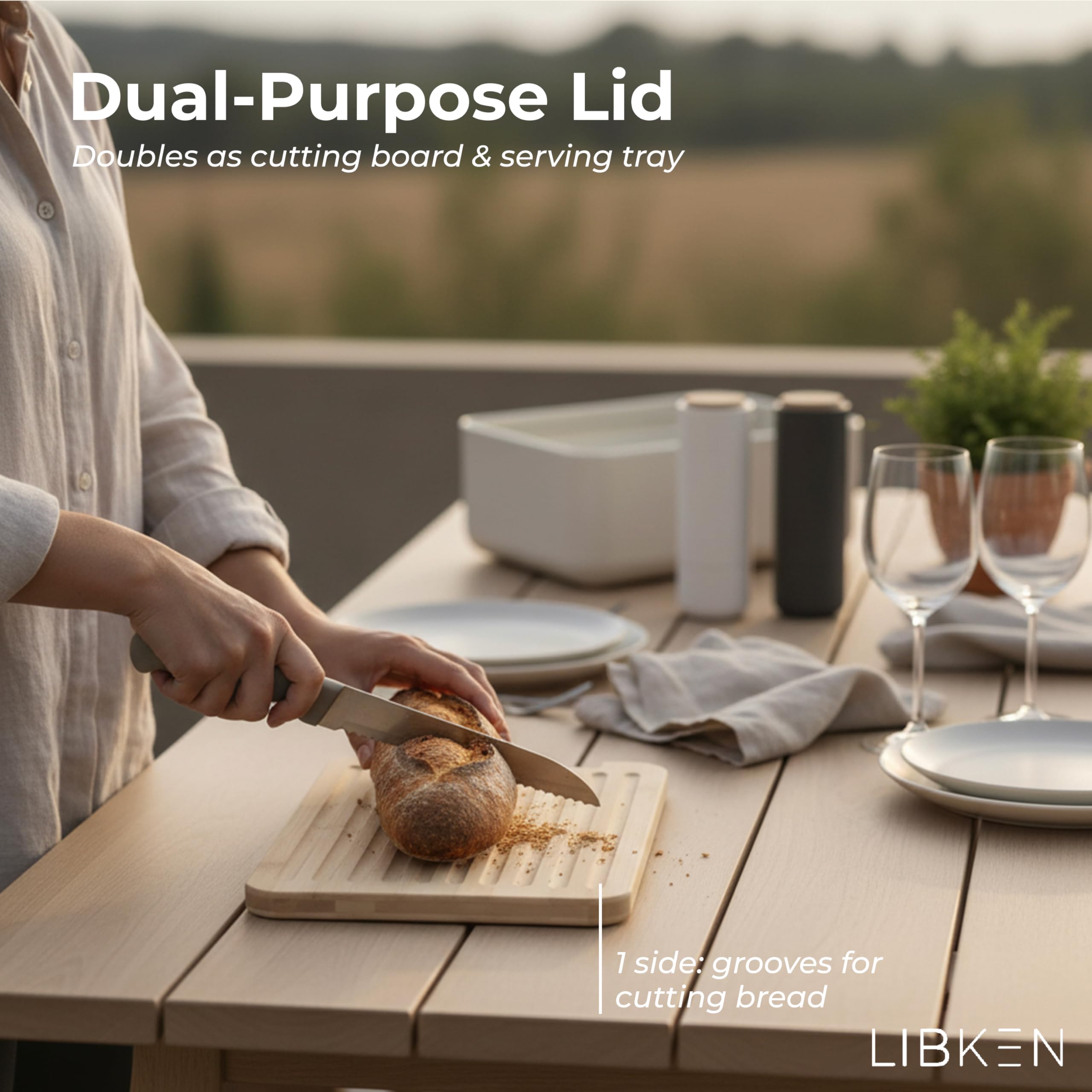 LIBKEN compact yet spacious bread box on a kitchen countertop