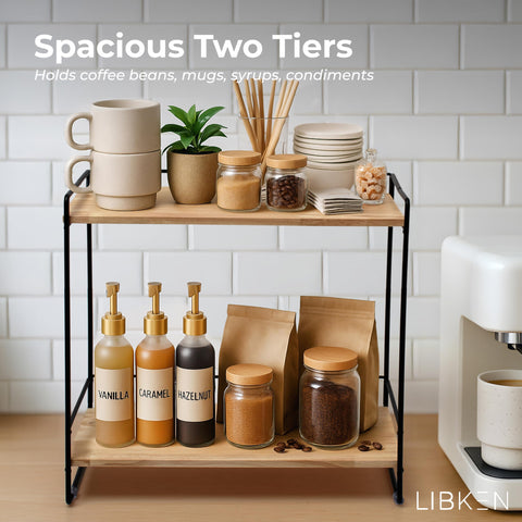 LIBKEN metal frame and wood shelves create a modern, durable contrast for any counter