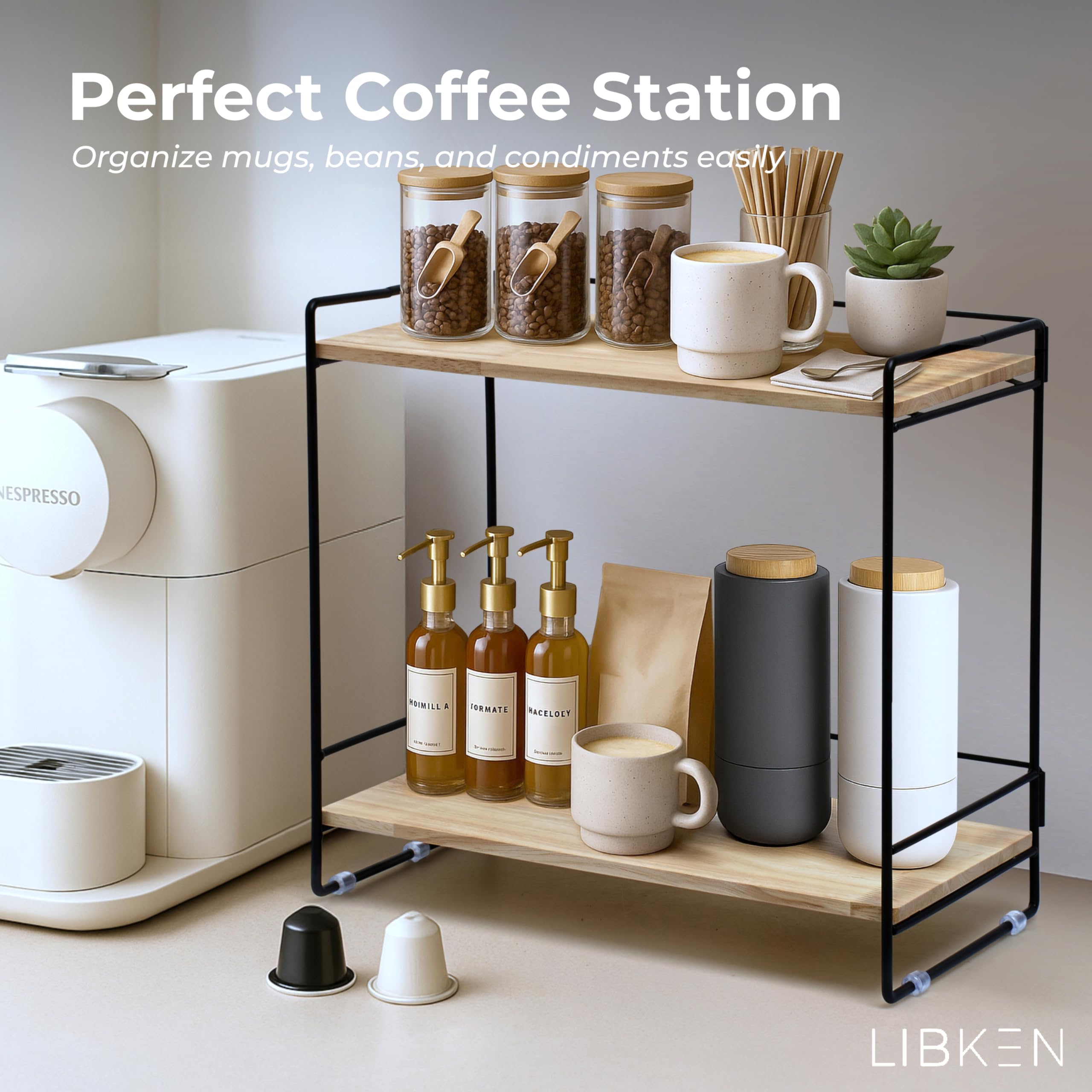 LIBKEN minimal Scandinavian design blends black metal frame with natural wood shelves