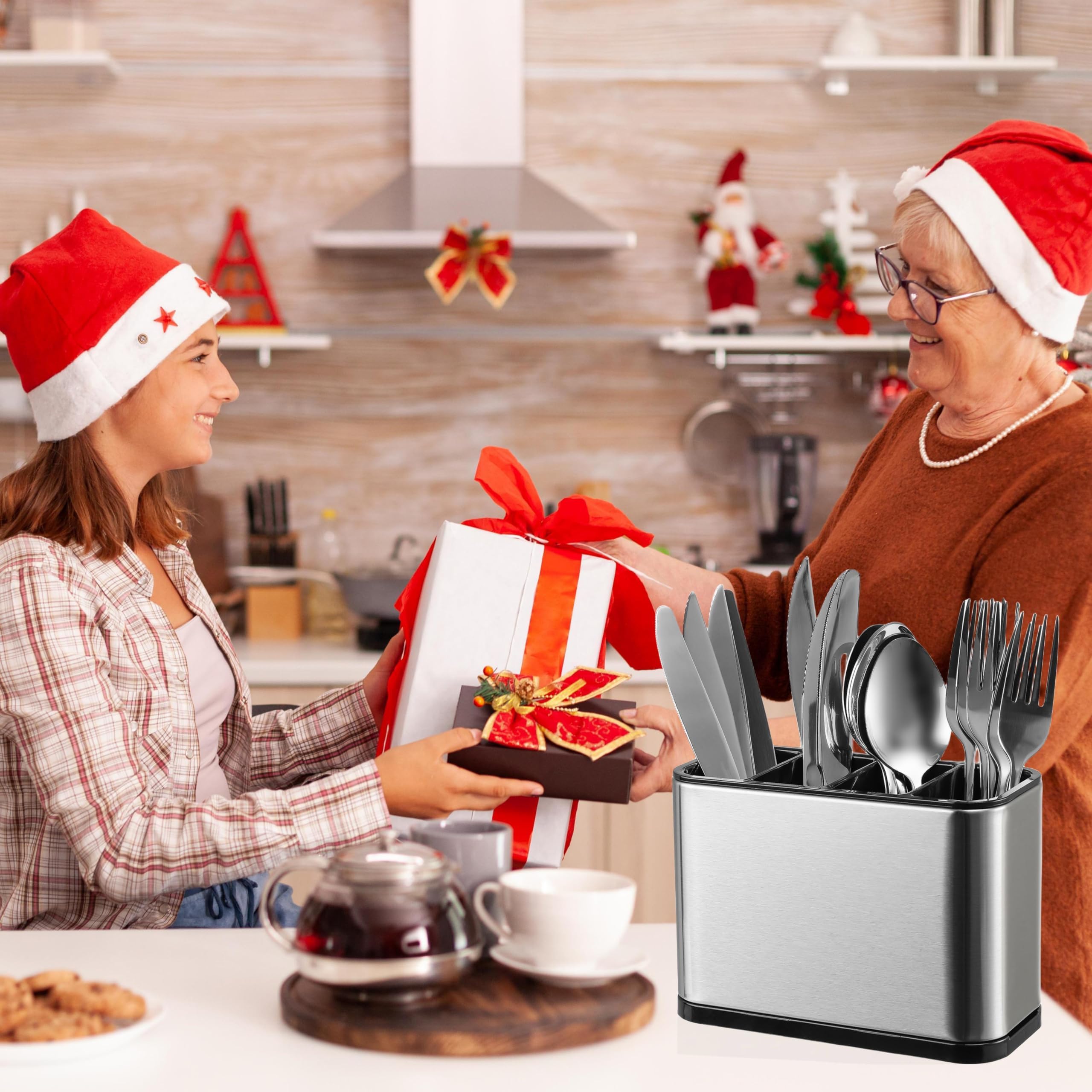 LIBODOUR stainless steel utensil caddy with silver finish and anti-fingerprint coating.