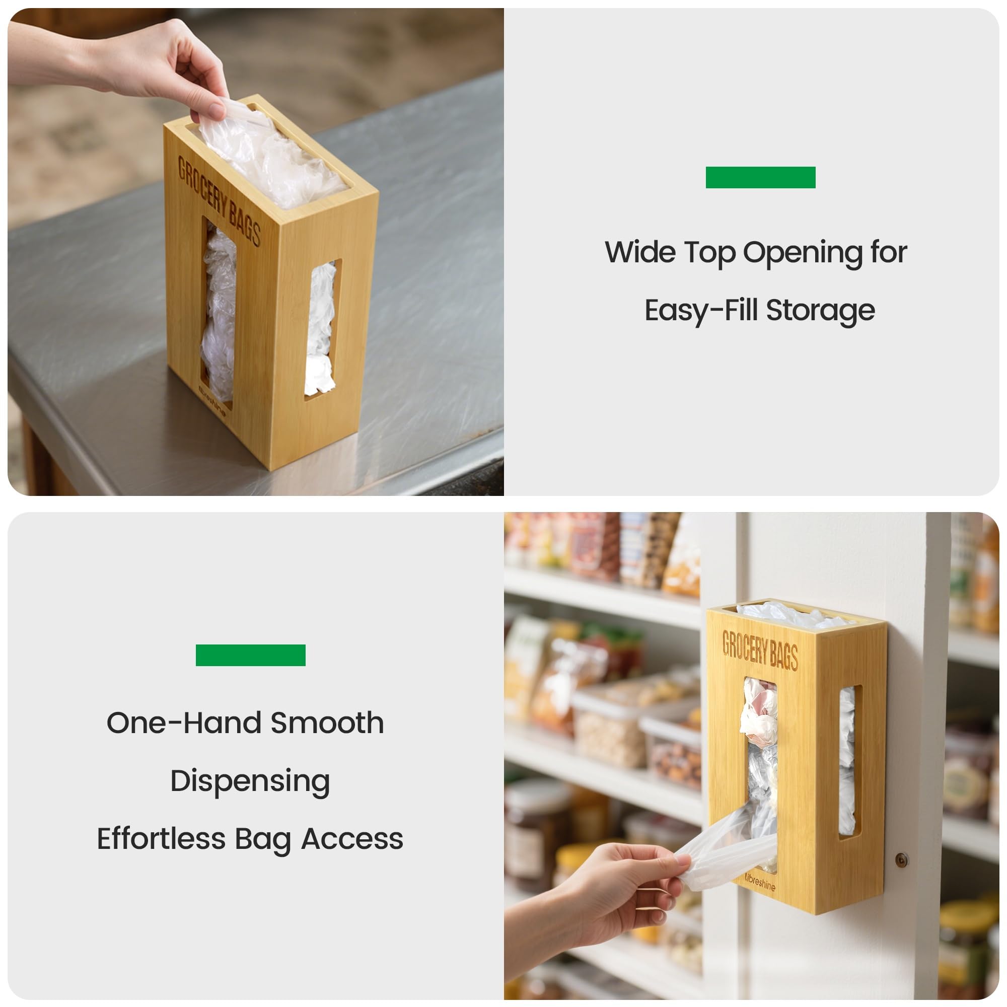 Libreshine bamboo dispenser features side access for one-handed bag withdrawal.
