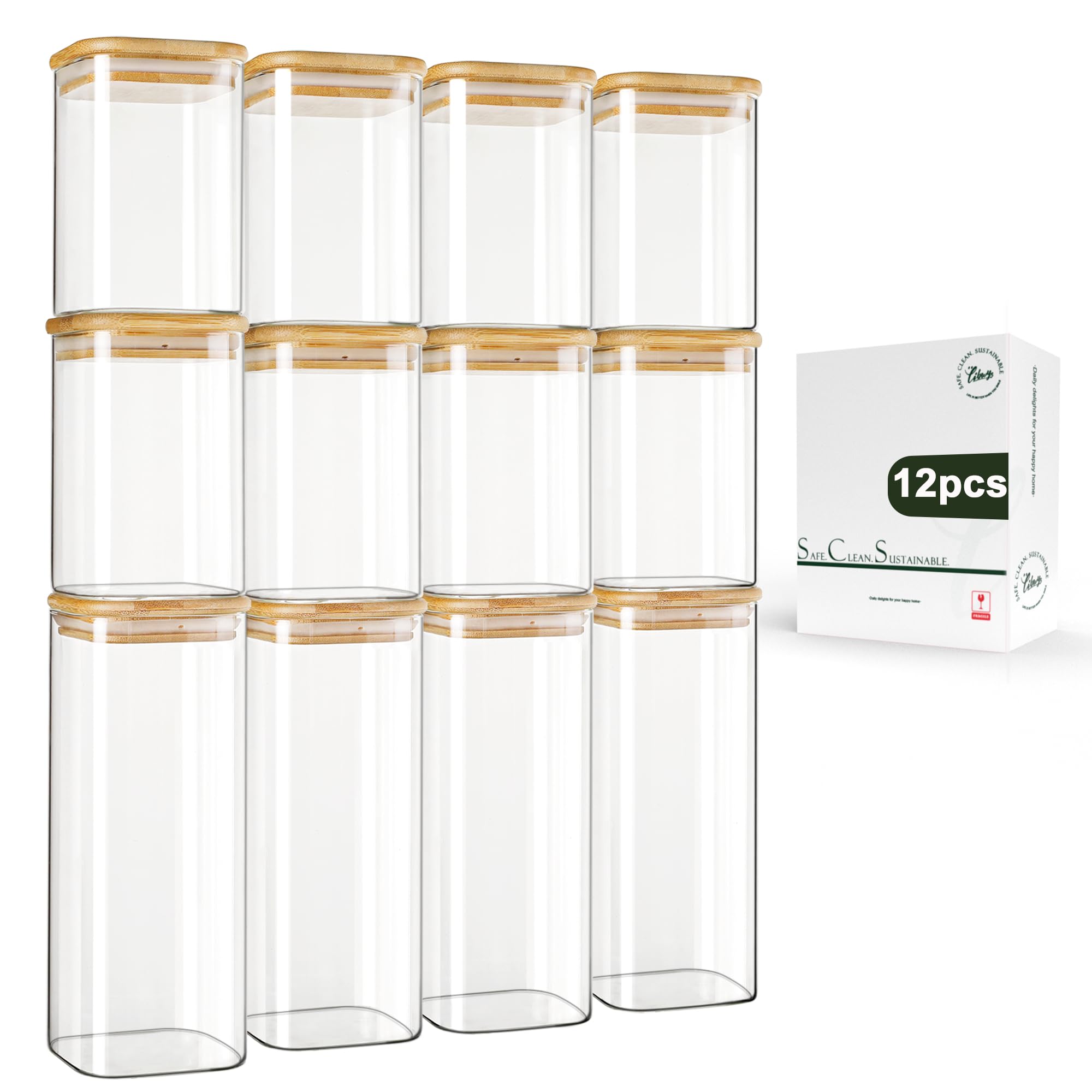 LIBWYS 12-pack square glass jars on a shelf for tidy pantry organization.
