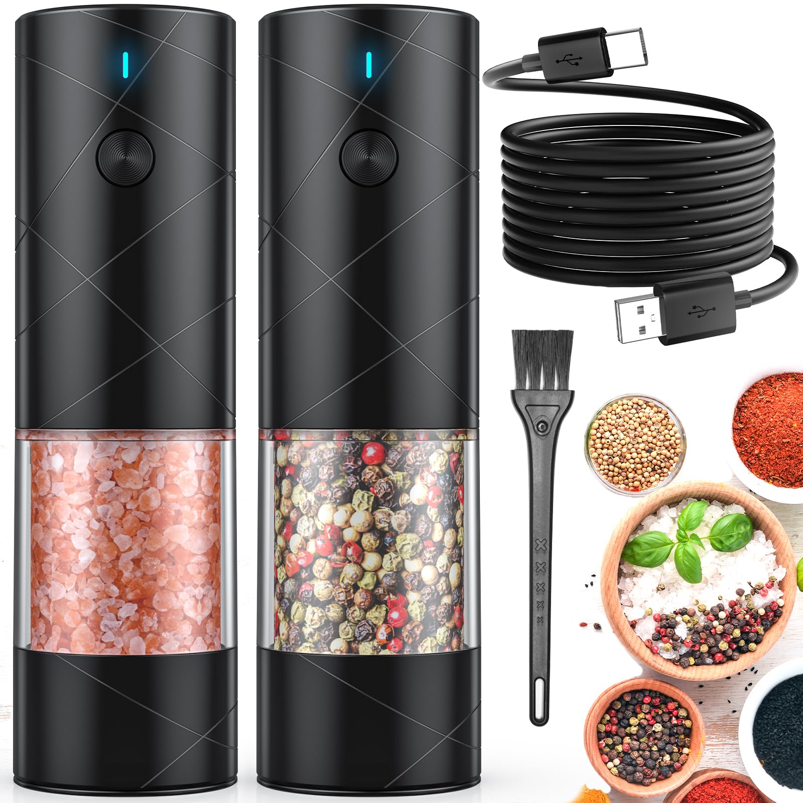 Lidaop electric salt and pepper grinder set with LED light for precise seasoning.