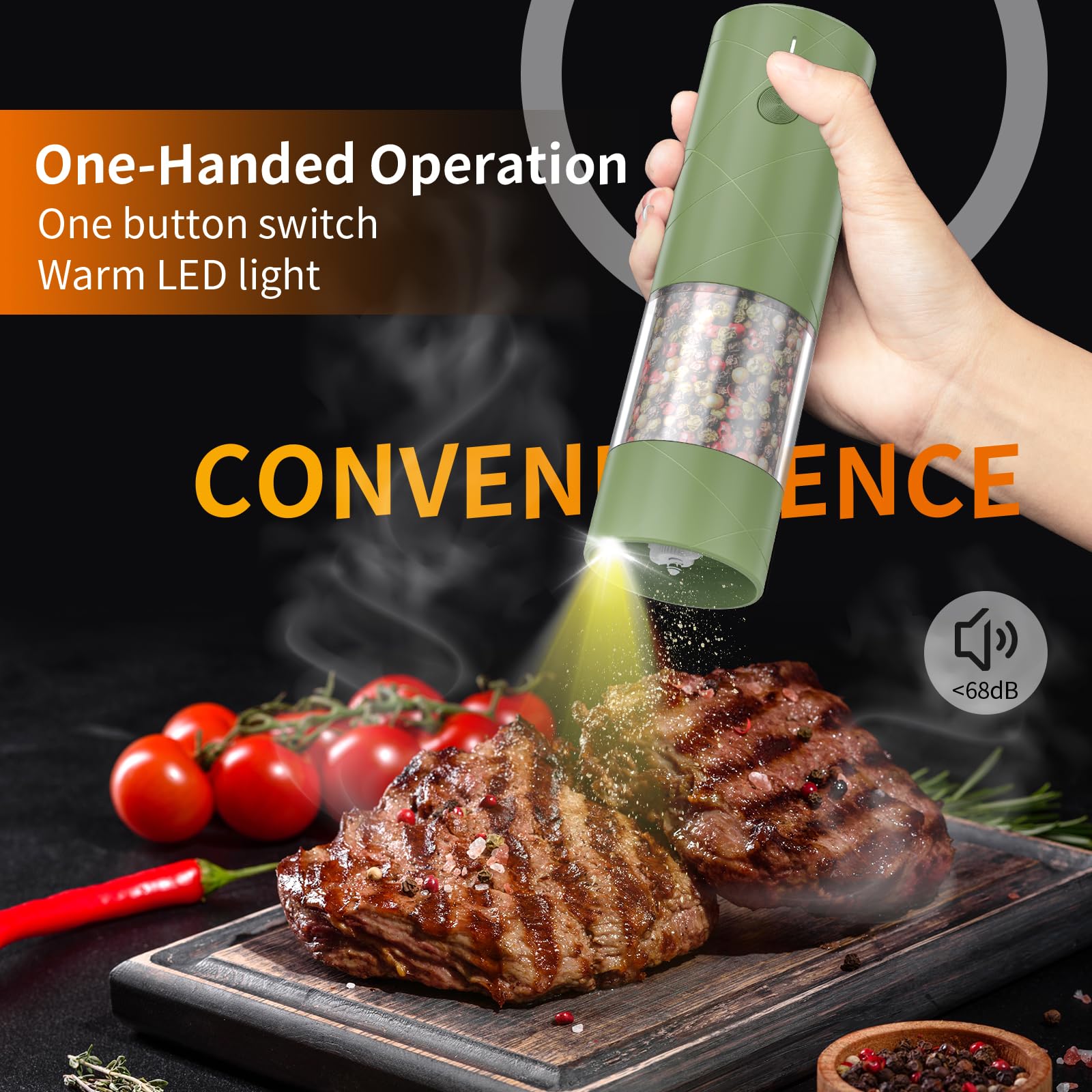 Lidaop LED-lit grinders illuminating food for accurate seasoning during cooking