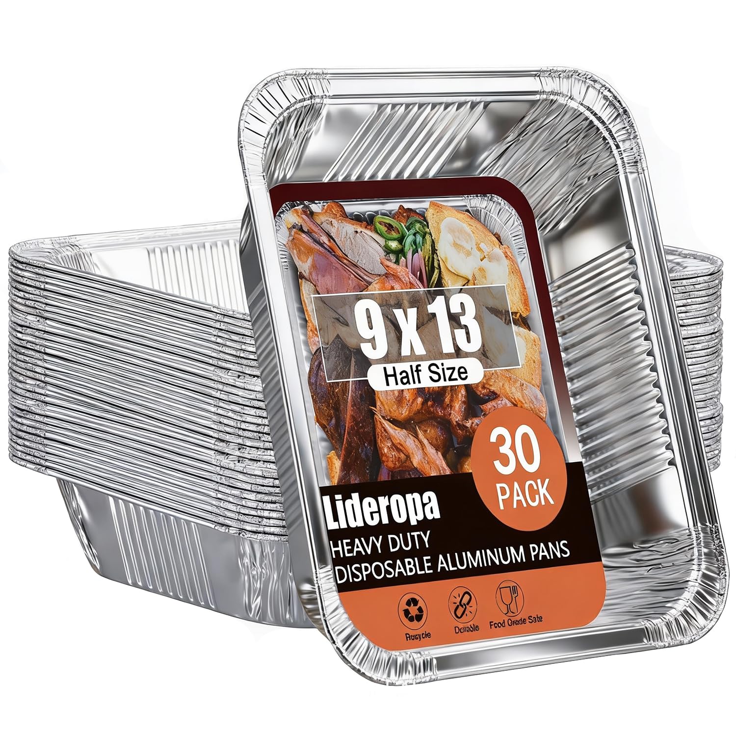 Lideropa 9x13 aluminum pans front view, sturdy for baking and meal prep.