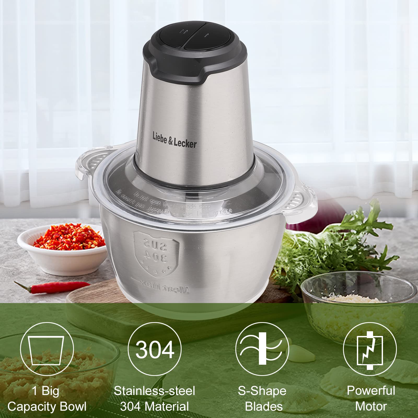 Liebe&Lecker food processor bowl with 8-cup capacity for batches.