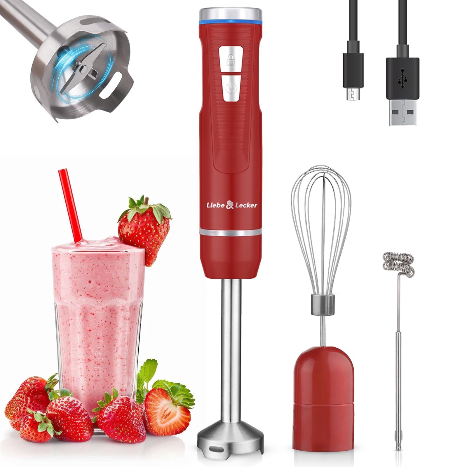 Liebe&Lecker cordless immersion blender in action for on-the-go blending.