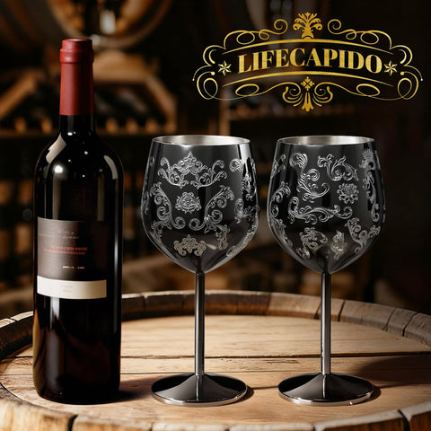 Lifecapido 18oz black stainless steel wine glass ideal for durable outdoor gatherings.