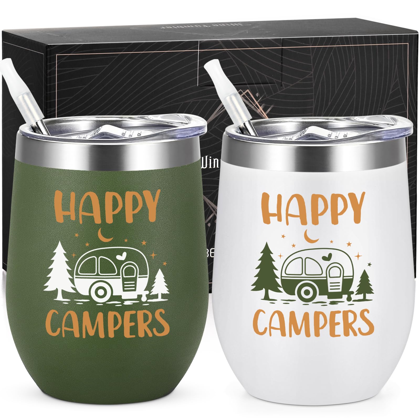 Lifecapido 2-pack camping wine tumblers, 12oz, white and army green, maintain drink temperature