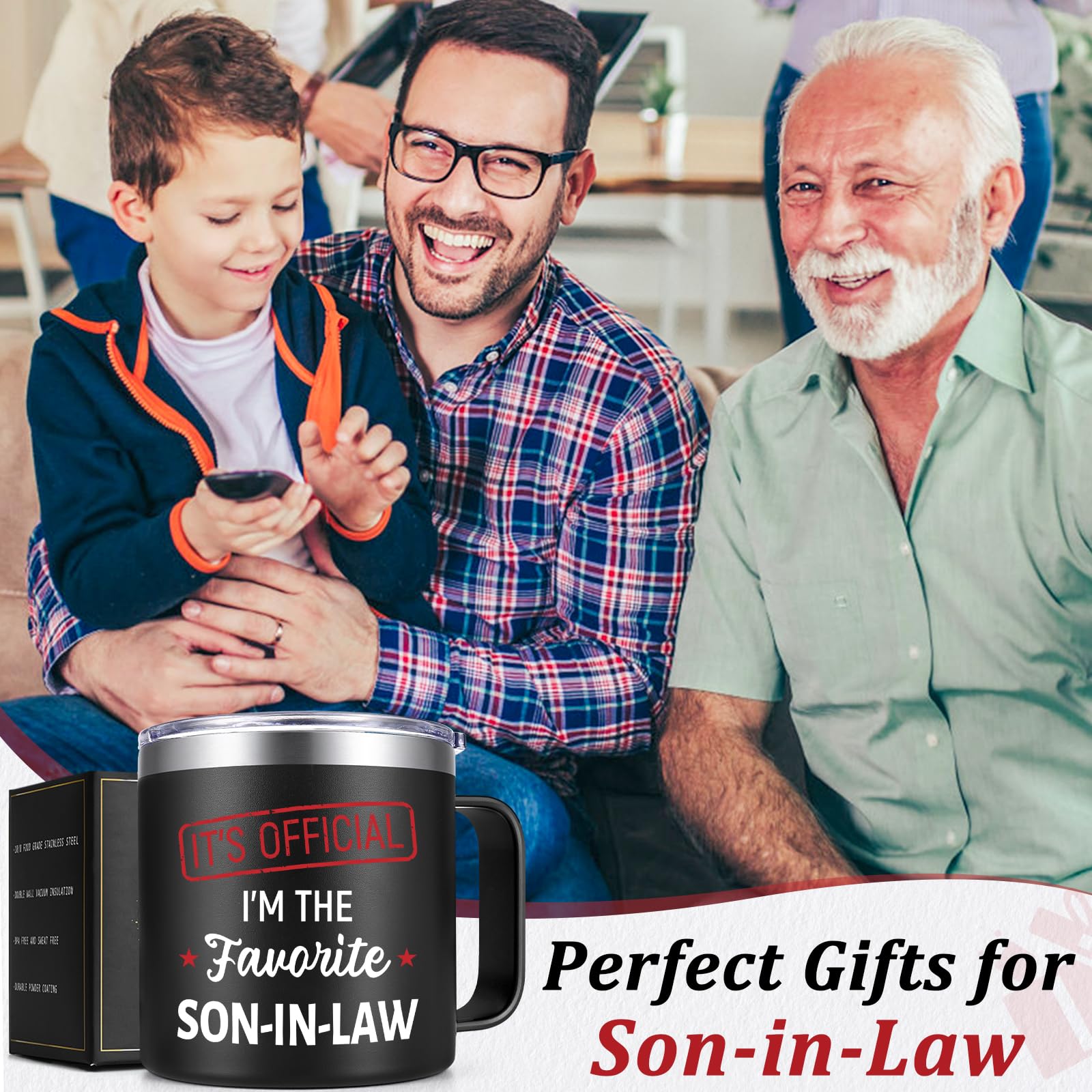 Lifecapido mug displays the pattern 'It’s Official I’m The Favorite Son In Law'.