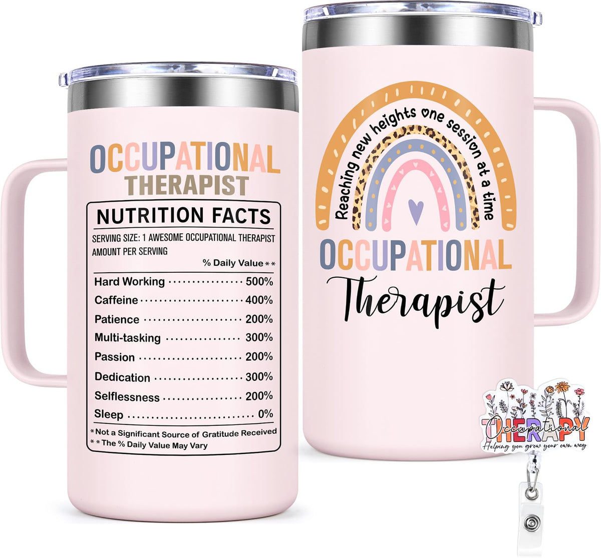 Lifecapido OT mug with badge reel for busy therapists at work.