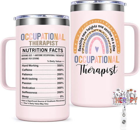 Lifecapido OT mug with badge reel for busy therapists at work.