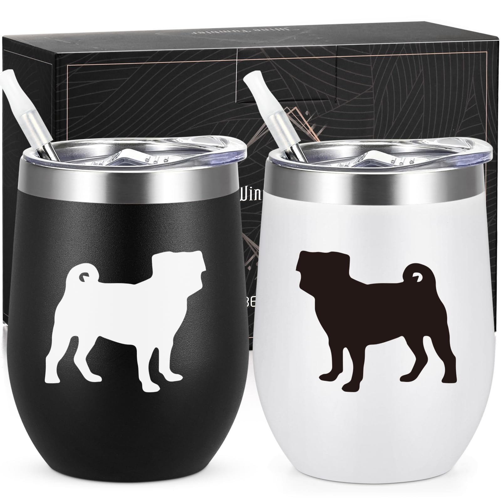 Lifecapido pug gifts wine tumbler black and white pattern for dog lovers on the go