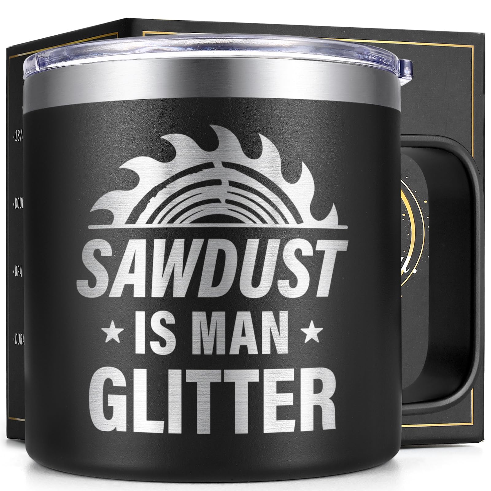 Lifecapido Sawdust Is Man Glitter mug front view for daily coffee enjoyment.