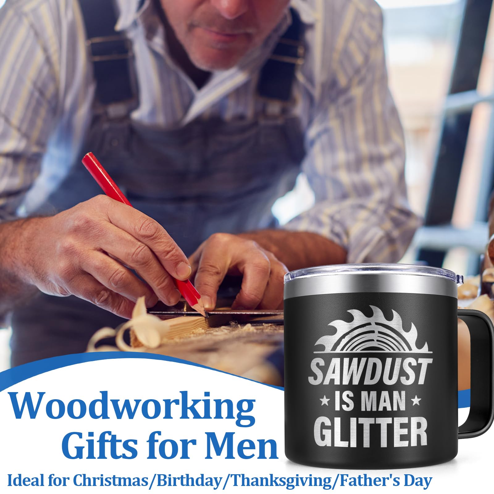 Lifecapido Sawdust Is Man Glitter mug in hand for on-the-go use.