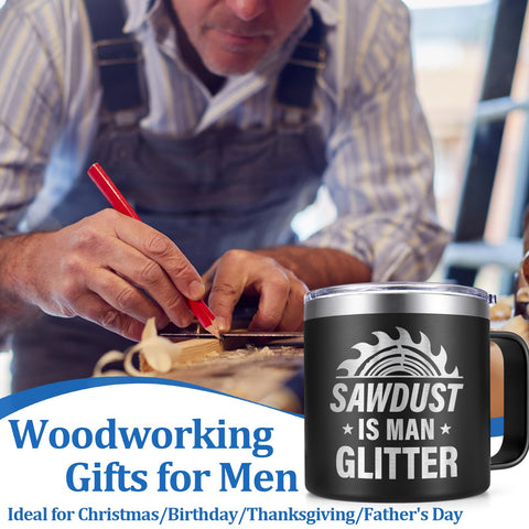 Lifecapido Sawdust Is Man Glitter mug in hand for on-the-go use.